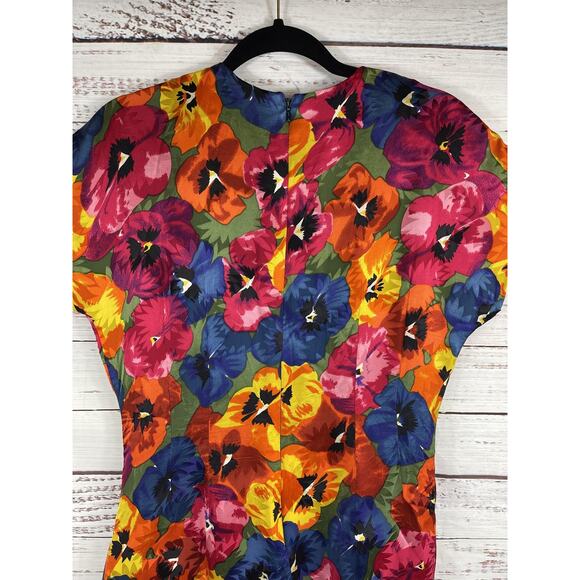 Nipon Boutique Dress Womens US 8 Silk Multicolor Floral Pansy Print Short Sleeve - Picture 6 of 10